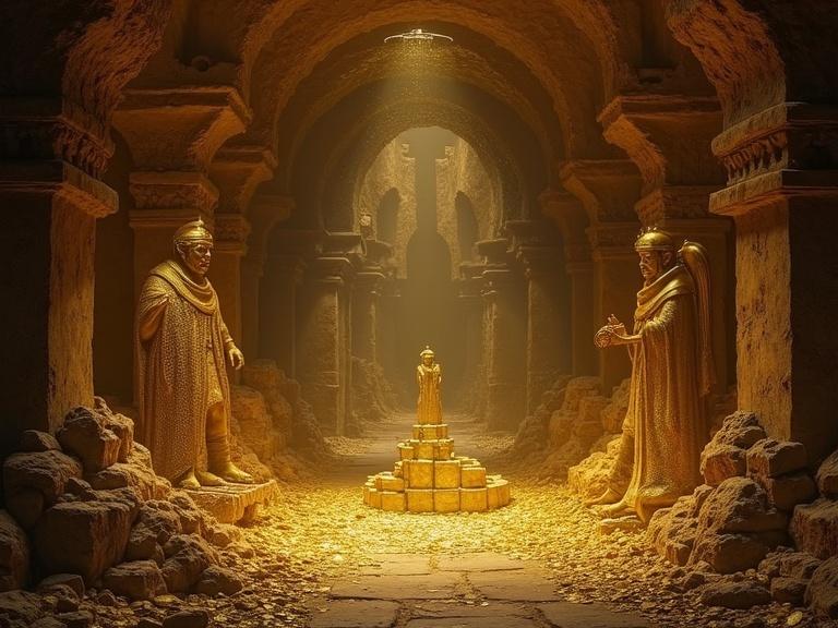 A hidden chamber in a forgotten palace or cave reveals ancient gold artifacts including intricate statues ceremonial masks and jewelry. The room exudes immense age. Dust motes dance in faint light filtering in emphasizing the room's grandeur.