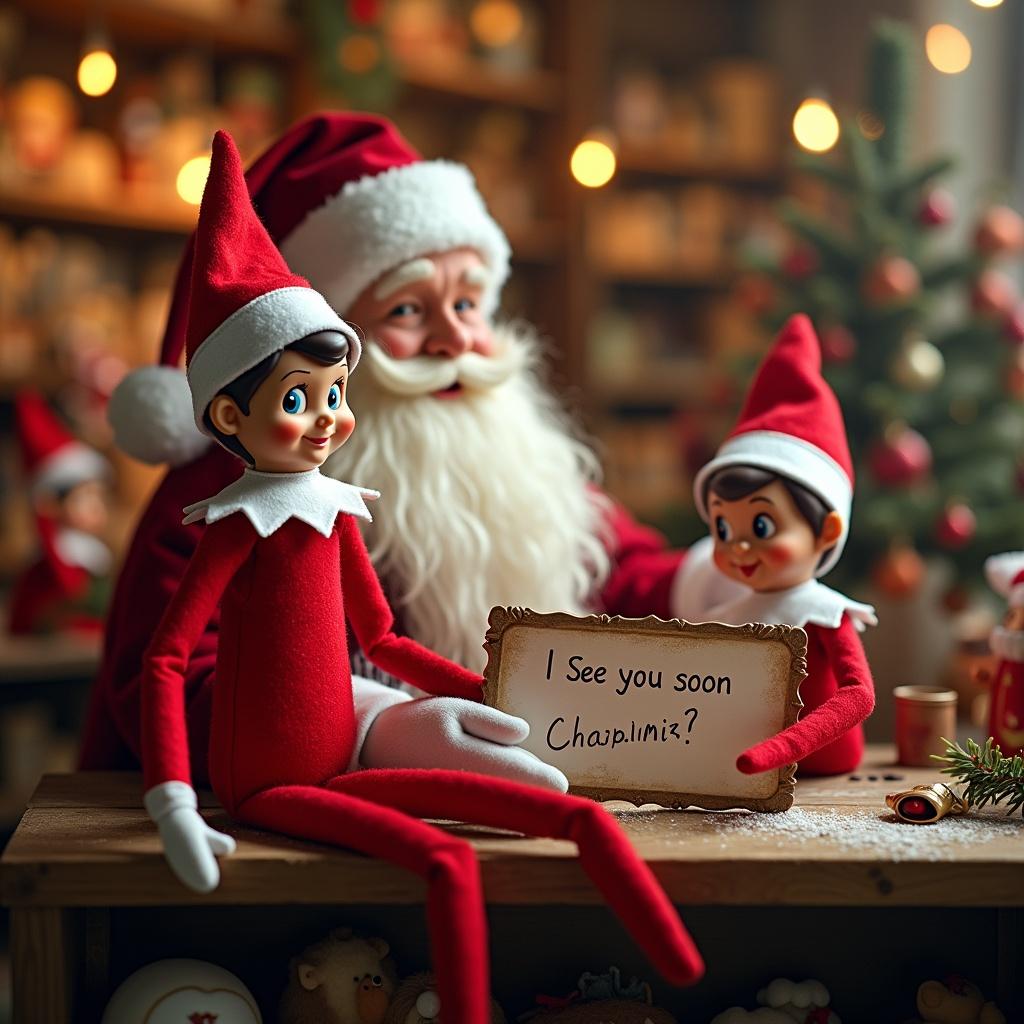 The elf on the shelf wears a red outfit. The elf holds a sign with a message. Santa is present in a cozy toy workshop filled with toys and elves working together.