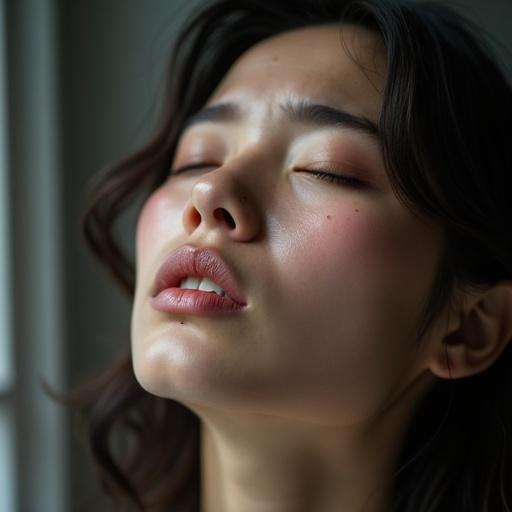 A closeup of an Asian woman with eyes closed crying. Her head is slightly tilted upward, expressing deep emotion and vulnerability.
