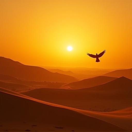 Golden sunrise over Egyptian desert dunes with a falcon flying in silhouette. Warm cinematic lighting creates an ancient atmosphere in a wide shot.