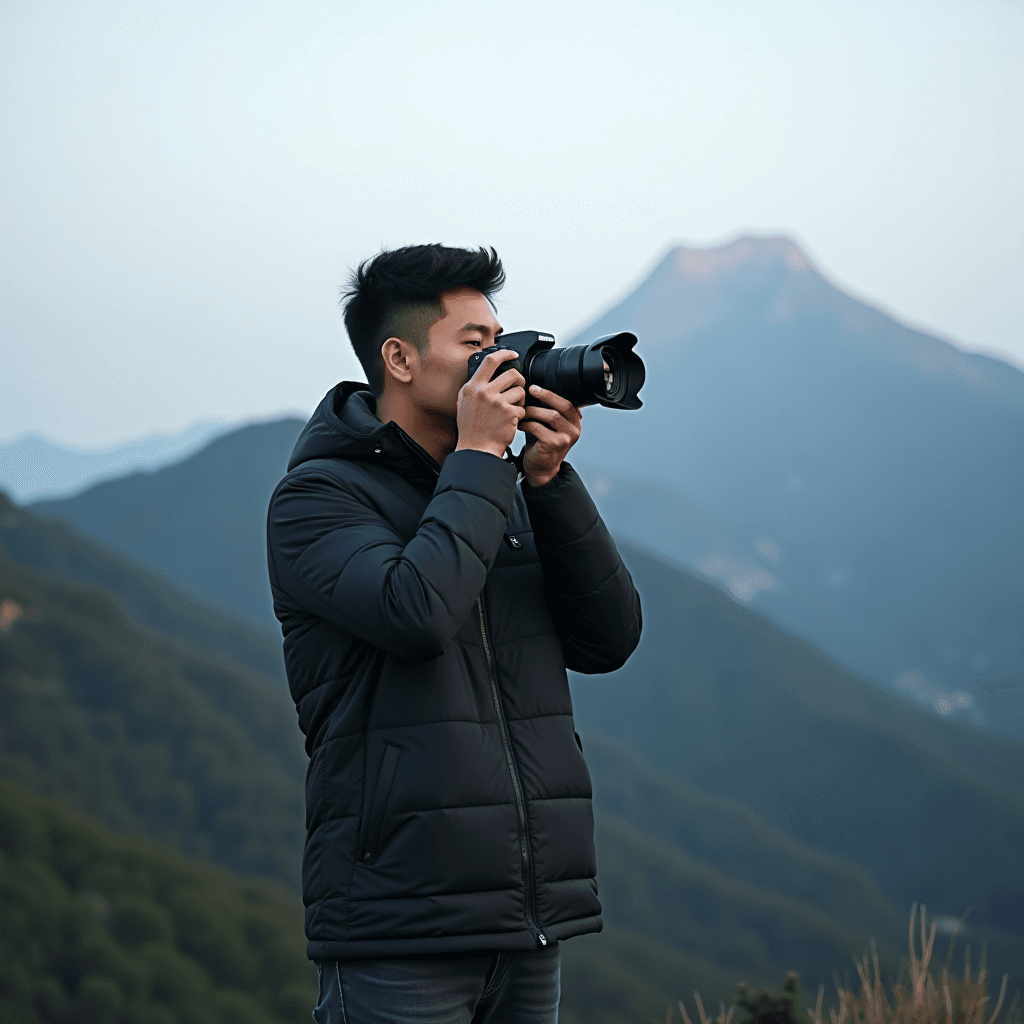 A person in a dark jacket is taking a photo with a camera in front of misty mountains.