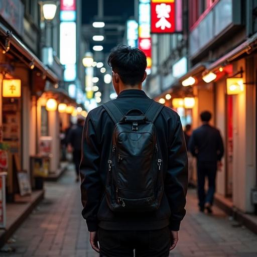 Urban exploration in Tokyo at night in Kabukicho district. Features modern fashion style. The setting includes neon lights and an empty alley with urban architecture.