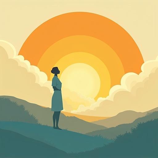 Design with a sunrise background and a nurse's silhouette. Inspired by early 20th century advertising with soft lines and bright colors. Evokes warmth and dedication in nursing. Include the phrase "Nursing, an act of love and dedication."