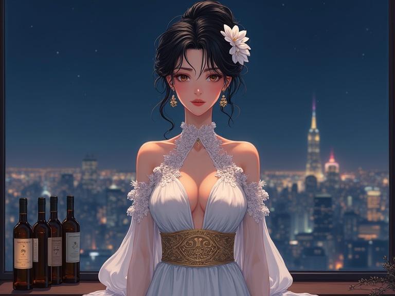 A beautiful young woman in a white dress stands in front of a large window. Dark hair styled in an updo with white flowers. She wears delicate earrings. The cityscape at night can be seen through the window. Her dress has an ornate golden belt. Soft lighting enhances her features. A few bottles of spirits are visible on a shelf below.
