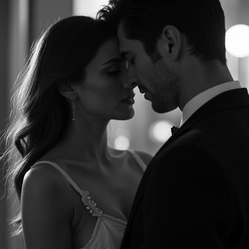 A close-up shot of a beautiful professional woman and a handsome professional man embracing in a romantic setting. The image is captured in black and white, emphasizing their connection and the cinematic quality of the moment.