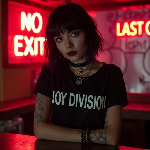 A goth woman with a shag haircut poses on a bar. Neon sign in background reads 'NO EXIT'. Woman's eyes are heavily lined. She wears a cropped Joy Division t-shirt and has piercings. Fishnet stockings with pleated skirt. Red lighting reflects in glass. Hair has a violet underlayer. Features include a choker and a septum ring. Dramatic shadows cast by neon light.