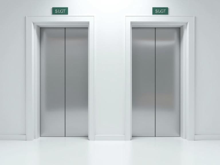 Photo shows two hospital elevators side by side. Simple white walls create a clean backdrop. Bright imagery enhances the overall look. The lifts have silver doors and clear signage above. Floor is clean and reflective.