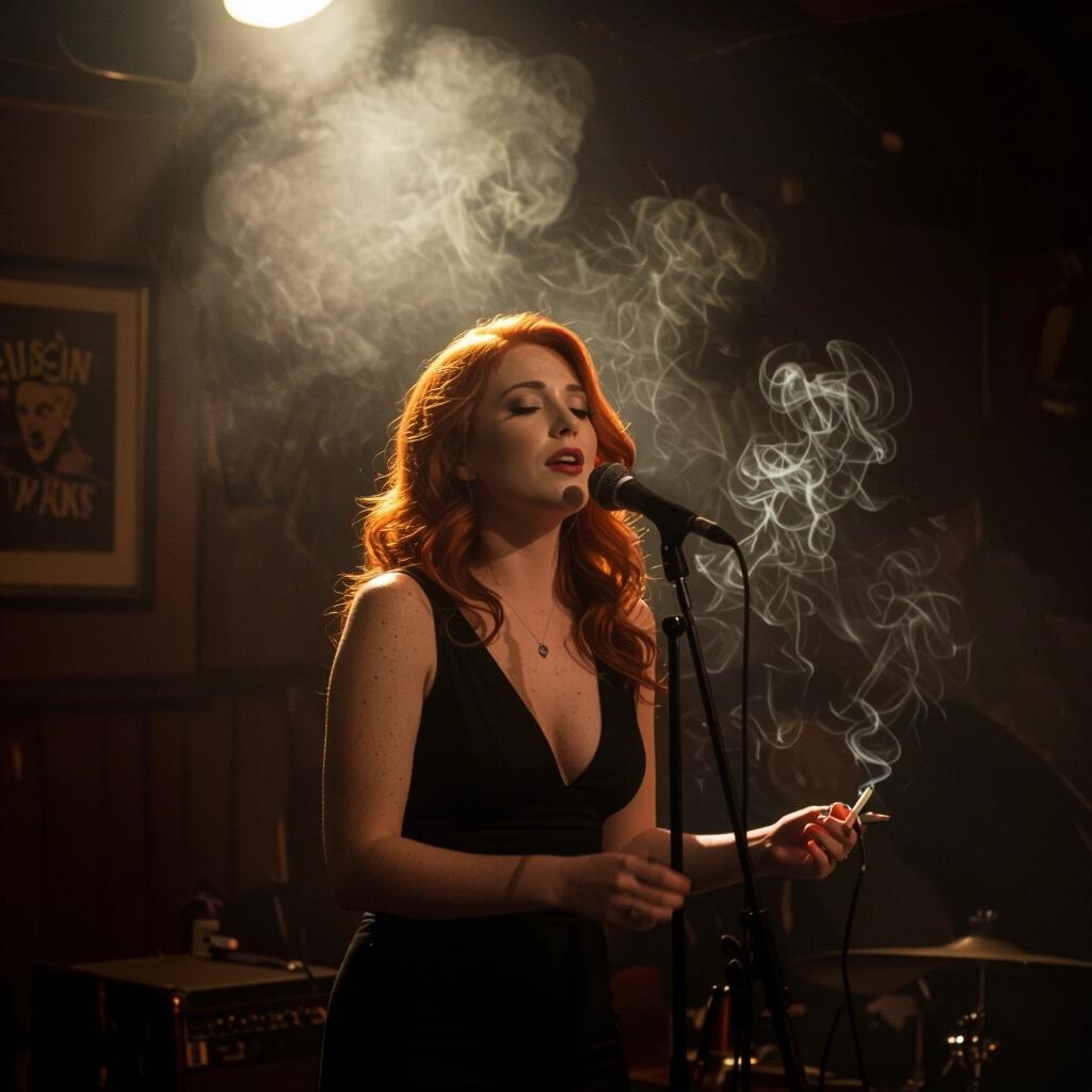Sultry Irish singer performing in a dim, smoky room. Shadows on walls. Cigarette smoke curling through a beam of light.