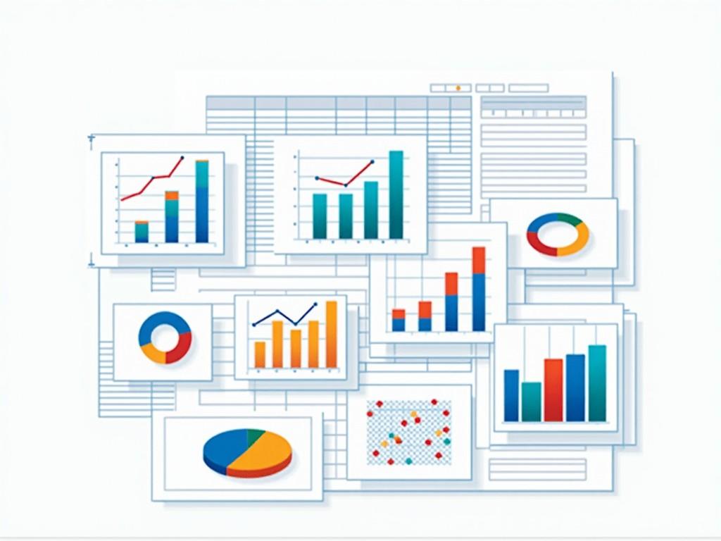 This illustration features various forms of data visualization commonly used in Excel. Multiple colorful charts and graphs are displayed against a light background. The visuals include bar graphs, pie charts, and line charts, showcasing different data trends and comparisons. The arrangement is neat and organized, resembling a workspace filled with analysis tools. This design emphasizes the importance of clear data representation in business and educational settings.