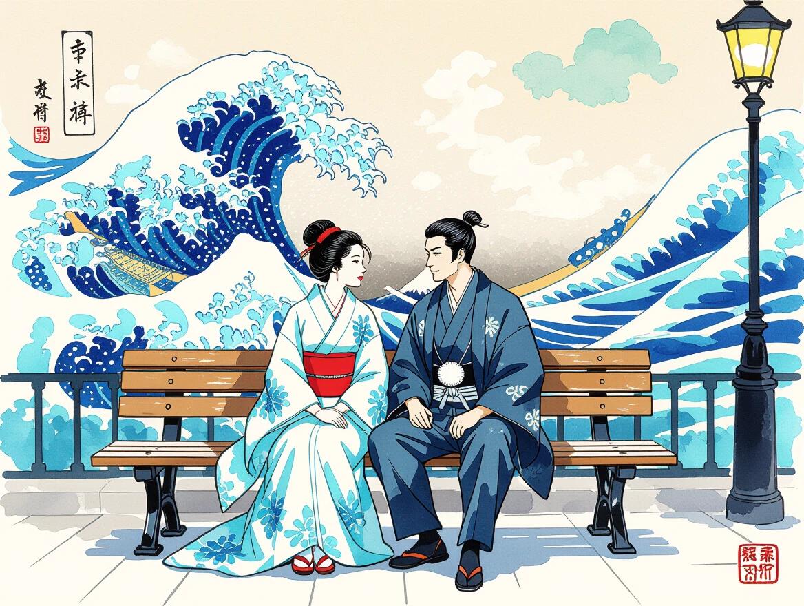 A couple sits on a bench against a backdrop of Hokusai's Great Wave. The couple dresses in traditional Japanese garments. Background features blue and turquoise colors with whimsical elements. The image reflects a fine-tuned watercolor style on Japanese paper.