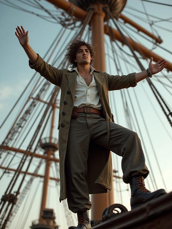 Photorealistic image of a man on a sailing ship's mast. He has messy brown hair, tanned skin, and brown eyes. Wearing a white sailor's shirt and long coat. Wide legged pants tucked into travel boots. Posing triumphantly. Depth of field enhances the ship's grandeur.