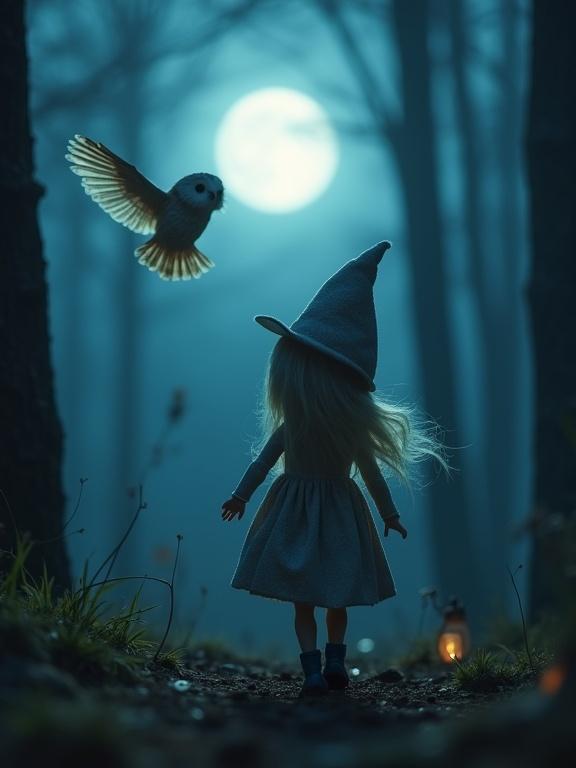 A toy doll skips through enchanted woods. An owl flies by her side. It is midnight and she turns around to stare at the moon. Shot on ARRI Alexa Mini LF with a slow zoom to the moon. The bright full moon lights up the scene giving a witchy vibe with glowing accents. The environment has spooky trees, with a subtle midnight blue color grade and high contrast.