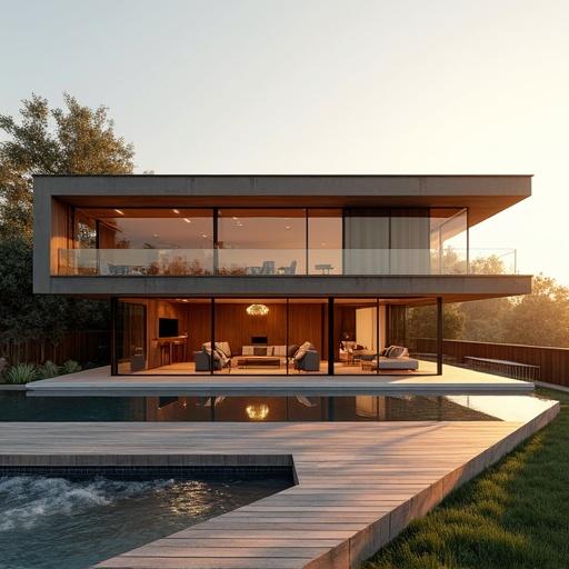 Exterior view of a minimalist one floor home at golden hour. Warm daylight mixes with warm interior lighting through large windows. Open living room visible through glass. Wooden terrace area with jacuzzi. Upper floor master bedroom visible. Mirror wall through glass. Signature of architect in the corner. Created using HDRI lighting and 3D modeling in Rhino.
