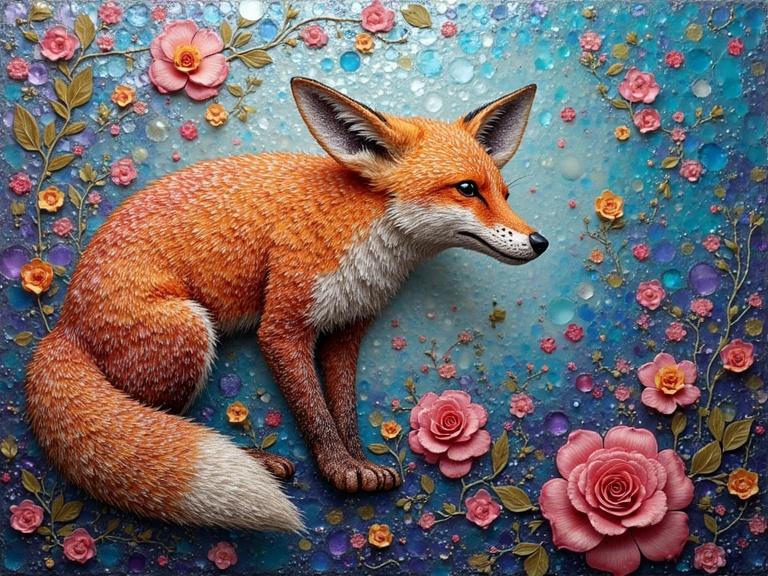 A vibrant fennec fox depicted in 3D iridescent ceramic tile and glass mosaic. The background features colorful flowers and an abstract design. Thick paint applied with square sponges creates texture. Ethereal and artistic representation.