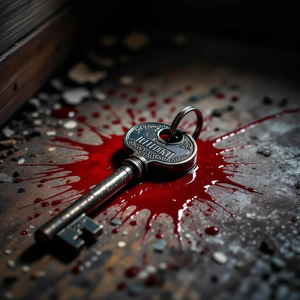 An old metal key lies on a dark floor surrounded by red liquid resembling blood. The atmosphere is tense and mysterious. The key is the main focus while the splattered blood creates a sense of danger.