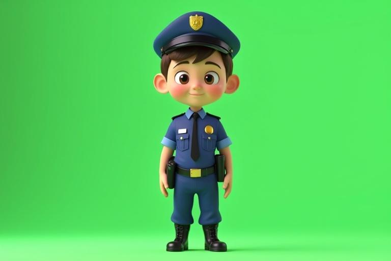 3D animation of a young boy wearing matching police uniform. Full-body shot. Front-facing on flat surface. Bright lighting. Green background for compositing.