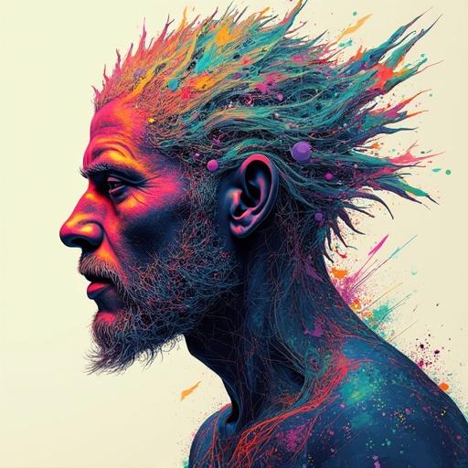 Side profile of a male figure inspired by traditional eskimo features depicted in a biomechanical style with kaleidoscopic colors. The design incorporates dynamic elements and fine details, using cell shading for depth and character design aesthetics.