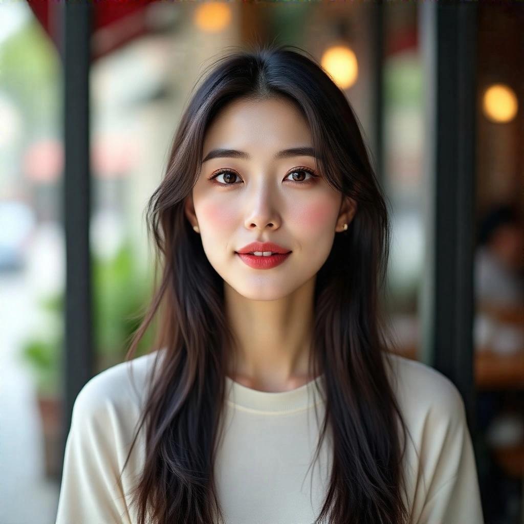 Natural-looking photo of a woman with black hair in an everyday setting. She has warm skin and soft lips. The image resembles a casual smartphone photo with natural lighting. The woman is positioned at chest-height, in a relaxed pose, gentle expression, outdoors near a restaurant. Background has slight blur.