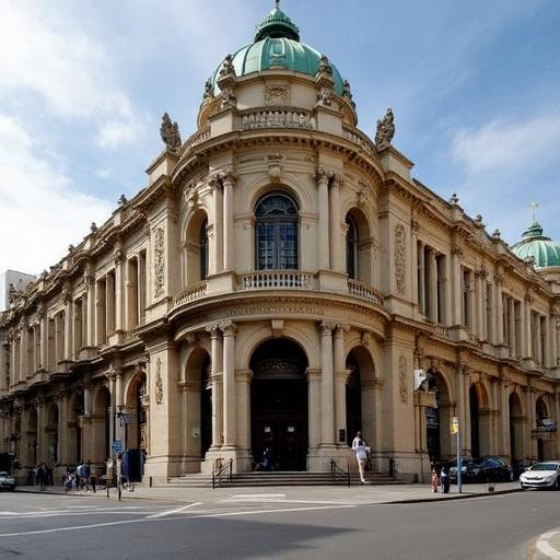 Teatro Colón building in Buenos Aires with ornate architectural details. The view shows the front facade with a clear sky and people walking nearby.