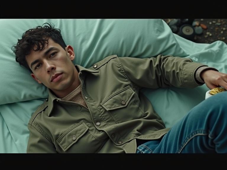 Young man reclining on a light green surface. He wears a beige sweater under a green jacket. A serene expression on his face. The background is soft and neutral. The vibe reflects a modern yet classic aesthetic inspired by historical newsreels.