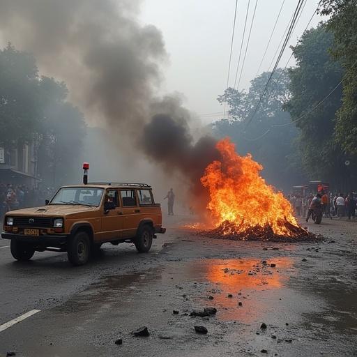 Image of a traffic incident featuring a vehicle and flames on a busy road in Ahmedabad. Smoke fills the air causing a chaotic scene.