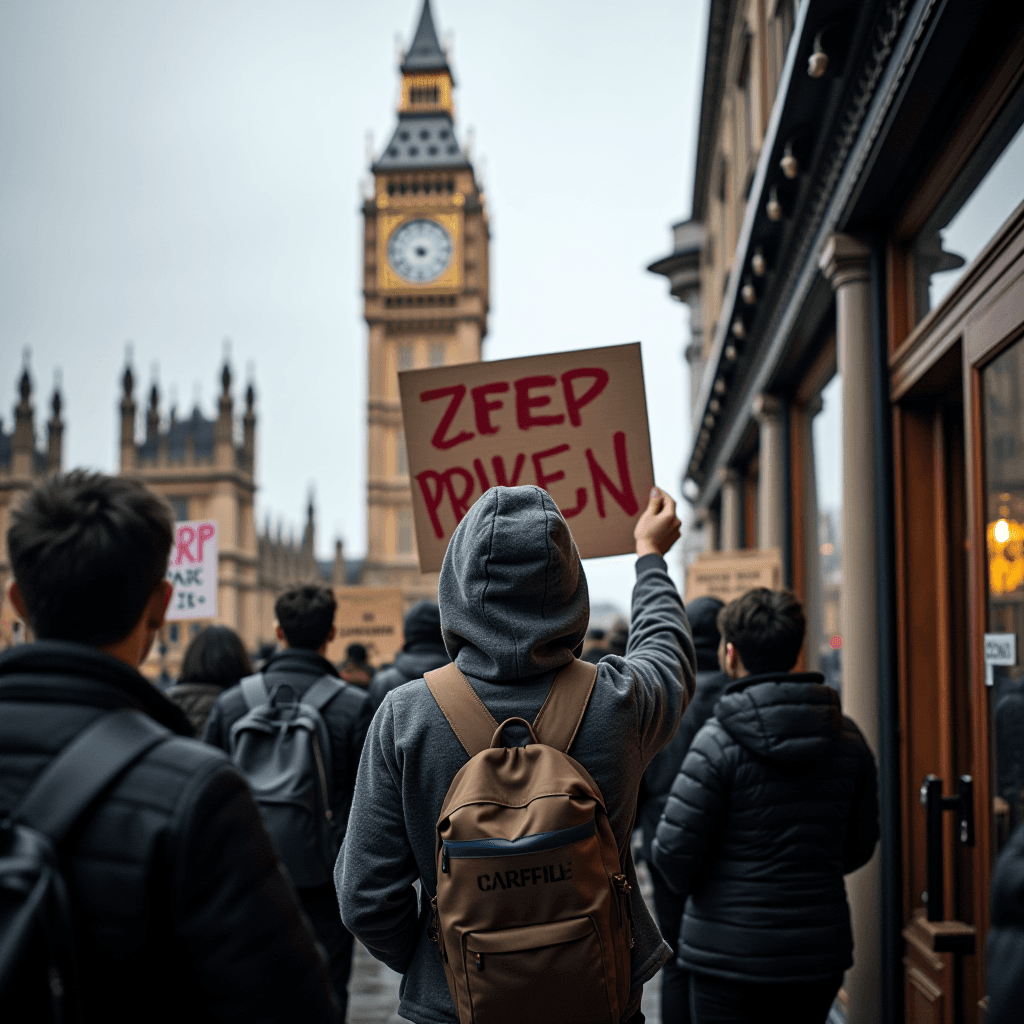 The image captures a protest scene in front of a historic building with an iconic clock tower, resembling London's Big Ben. The atmosphere is overcast, suggesting a typical London day. In the foreground, a person wearing a grey hoodie and brown backpack is prominently holding a cardboard sign with large, bold red letters that read 'ZEEP PRIVEN'. This central figure is surrounded by other people, some also holding signs, marching down the street. The ambiance is one of focused determination, with participants dressed warmly, reflecting the chilly weather.