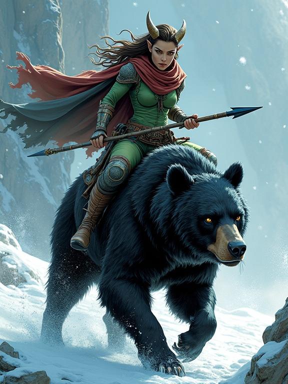Comic illustration style with cel-shading using rotoscope technique. Cinematic composition with high contrast and detailed textures. A female goblin in a superhero pose riding a black bear. Frost particles in the air with dramatic lighting. Lifelong motion and realistic anatomy.