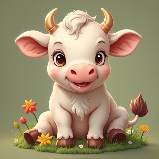 Delightful illustration of a baby cow with large eyes and a cheerful expression. Surrounded by colorful flowers and green grass. Ideal for children's content or nursery decor.