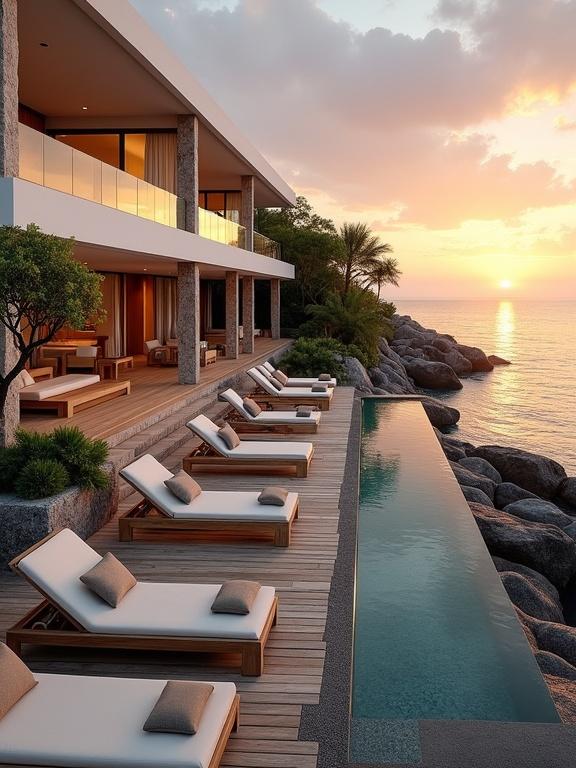 Wide outdoor shot of luxurious multi-story villa with white and light brown exterior many large glass windows natural stone pillars wood accents beside tranquil water sunset with wooden deck lounge chairs wooden tables infinity pool clear water reflecting warm hues of setting sun large rocks along water's edge ocean stretching to horizon sunset casting orange yellow purple grey across sky clouds green trees near villa rocky shoreline scene illuminated by warm glow