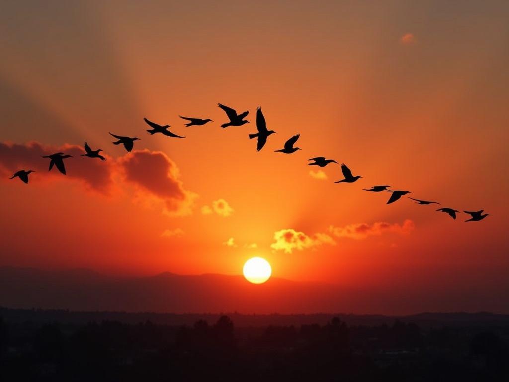 A flock of birds is flying in a heart formation against a beautiful sunset backdrop. The sun is low on the horizon, casting a warm orange and red glow across the sky. The birds are silhouetted, creating a striking contrast with the vibrant colors of the sunset. The scene is peaceful and evocative, capturing a sense of love and harmony in nature. This picturesque moment showcases the beauty of wildlife and the serenity of dusk.