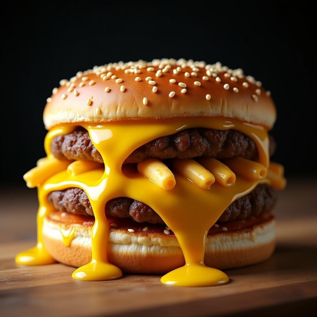 Ultra realistic image of a mac and cheese double patty cheeseburger with cheese sauce dripping. Close-up view to capture all details.