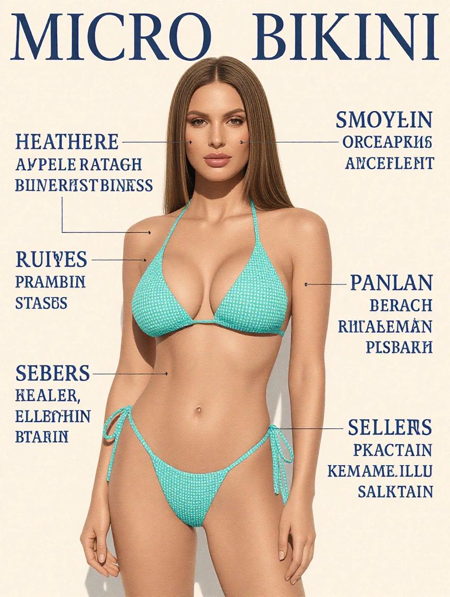 Full body photo of a model wearing a micro bikini. Model has long straight brown hair. Body measurements are 110-80-101.