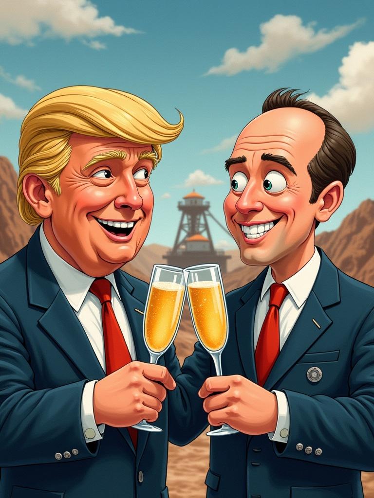 Cartoon depiction of two characters toasting with champagne in a mining background. One character is blonde with a cheerful expression, the other has dark hair and a similar grin. Dark steampunk elements visible in design with watercolor effects.