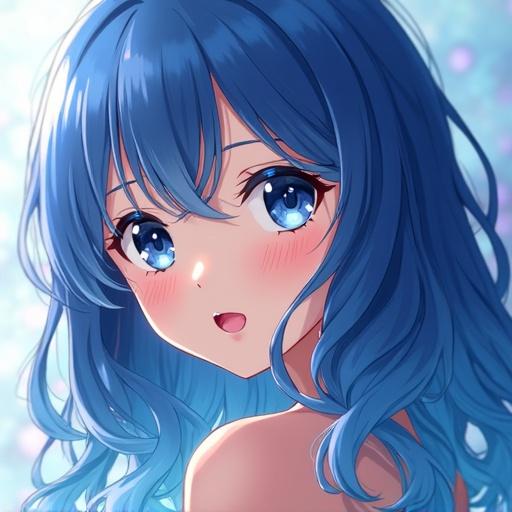 Beautiful anime girl with wavy blue hair and gradient effects. Character has glossy lips and bright eyes.