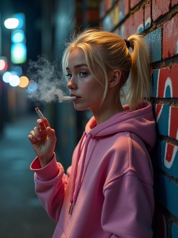Girl with blonde hair and blue eyes has a ponytail. She smokes a cigarette while wearing a pink hoodie. She leans against a graffiti-covered brick wall in a dark alley, at night.