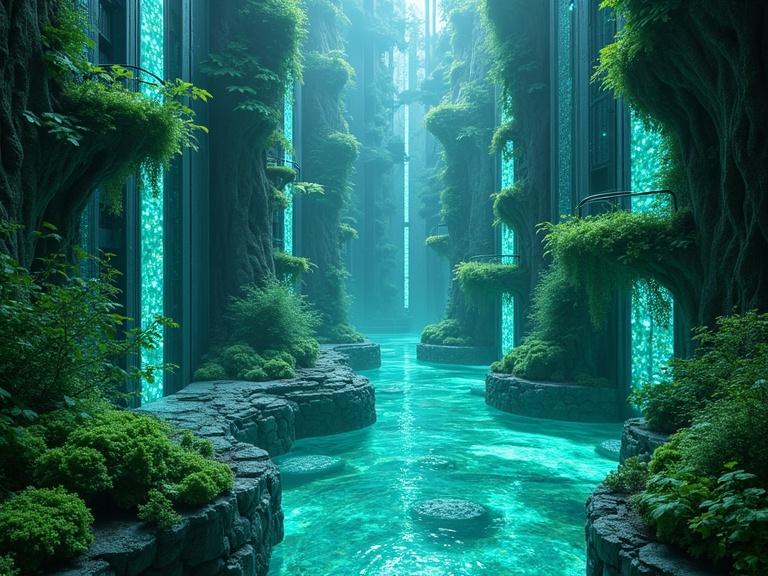 Conceptual image of a futuristic biotech data center. Structures grown organically. Cooled by glowing bioluminescent fluids. Algae tubes twist around DNA-shaped cores. A glowing pool filters data and heat. Blue-green ambient lighting enhances atmosphere. Emphasizes moist textures. Biopunk elegance is evident.