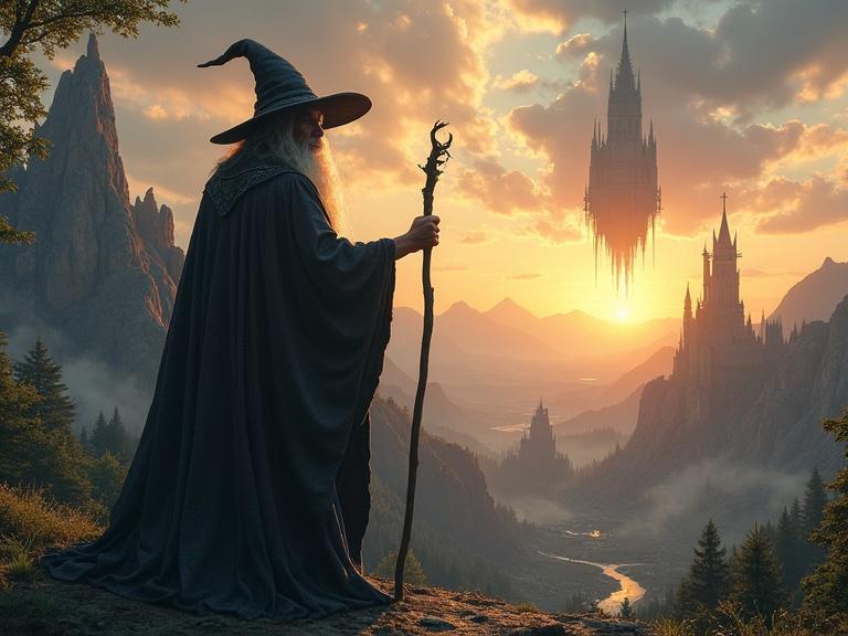 An old gray wizard with a magic wand stands on a steep hill. Background shows a stunning sunset over distant mountains. A magnificent floating city and ruins can be seen in the background. Natural landscape surrounds the scene.