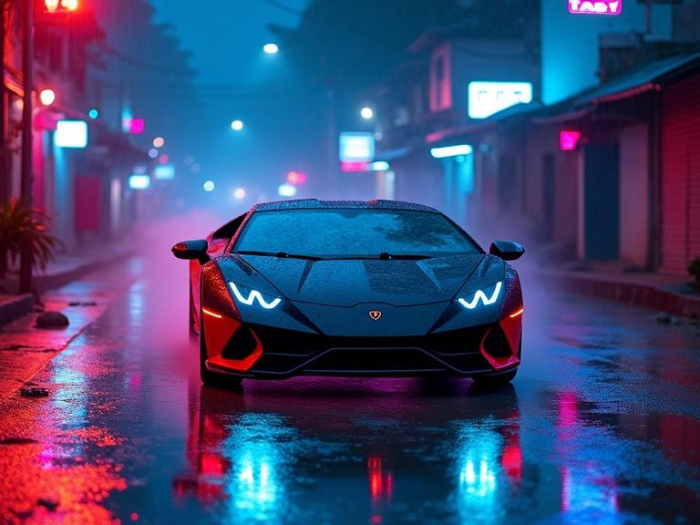 A futuristic Lamborghini drives through neon-lit alleys. Rain creates reflections on asphalt. Holographic visuals hover above. Scenes filled with blue and red lights. The car emits laser trails and a strobing light.