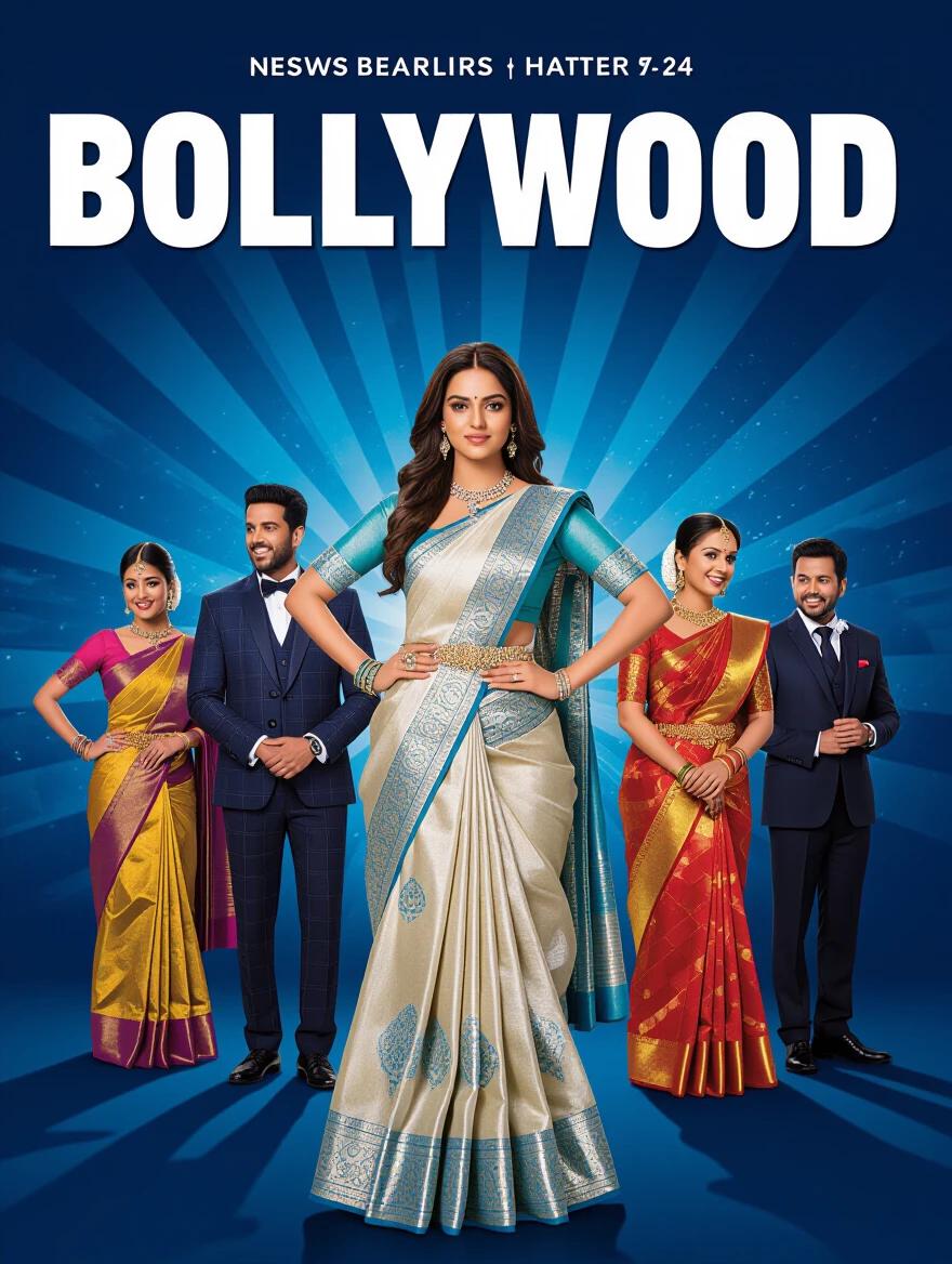Bollywood themes with prominent figures wearing traditional Indian attire. Central focus on a woman in a saree. Group of fashionable figures representing vibrant Bollywood culture.