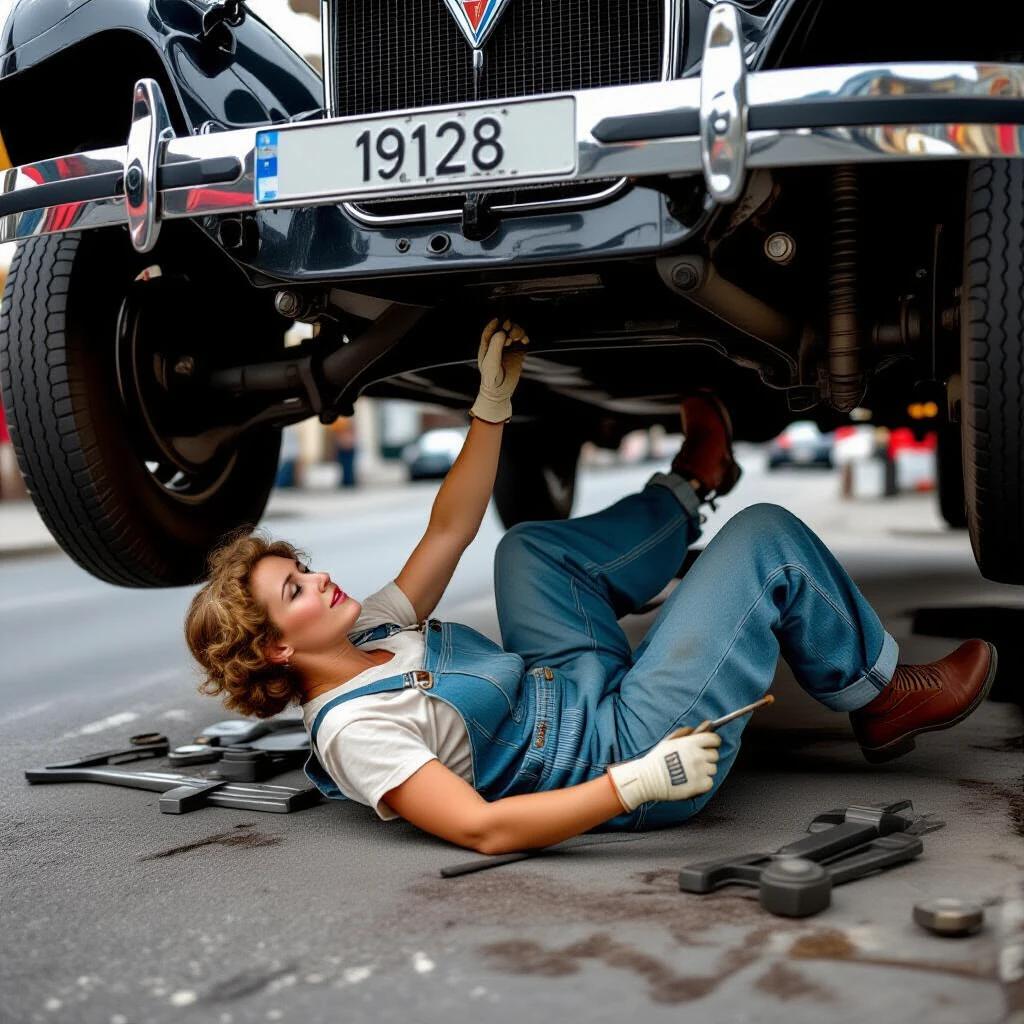 A woman lying on her back under a vintage car. She is in the position of a mechanic repairing the car. Tools are scattered around her. The scene captures a 1928 street atmosphere.