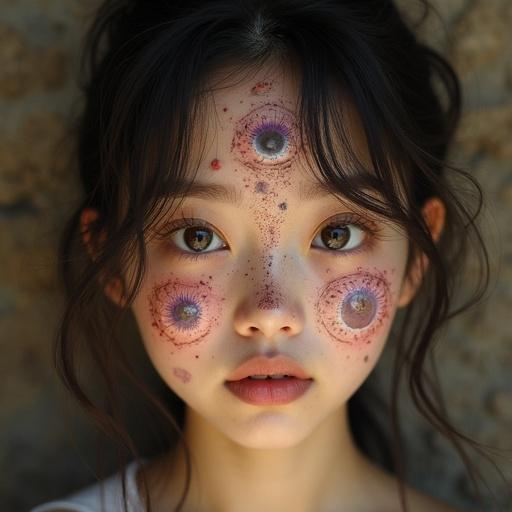 a teenage girl with multiple eyes painted on her face. The girl has a cute expression and long hair. The eyes are colorful and artistic.