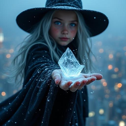 A young witch with long silver hair and piercing light blue eyes floats above a city at night. Wide-brimmed black hat sits on her head. Dark robe billows around her. Right hand extended palm up with translucent frost-covered nails. Ice shards erupt from her fingertips. The largest shard glows with internal frost patterns. Snowflakes swirl around her. Warm amber city lights contrast with electric-blue magic. The scene combines realism with fantasy through hyper-detailed textures and dramatic lighting.