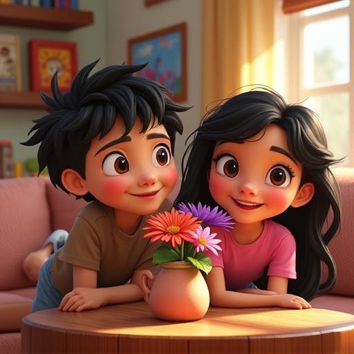 Animated characters in a cozy living room. Two children are lounging on a couch with fresh flowers on a coffee table. Bright artwork decorates the walls. Sunlight enters through the window, creating a warm atmosphere.