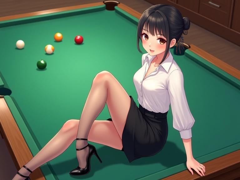 Full-body image of a woman in mid-20s illustrated in kawaii anime style. She sits elegantly on a billiards table. Her legs in sheer black pantyhose swing to the right. She wears black heels and a white blouse tucked into a black skirt. Billiards balls are scattered on the table. Her cute face with black hair and soft makeup shows a gentle smile.
