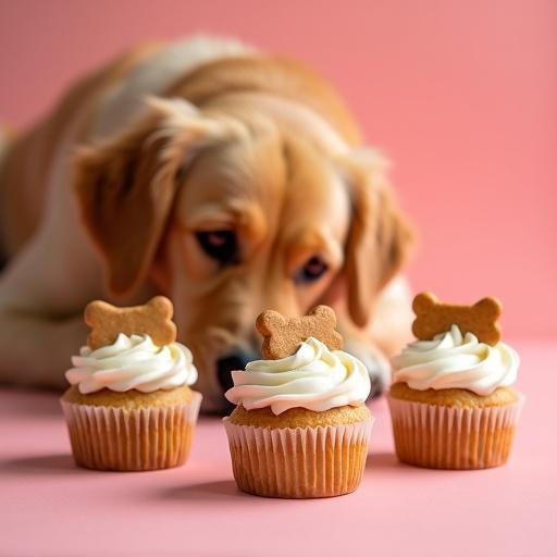 Homemade cupcakes for dogs with peanut butter and yogurt frosting. Cute golden retriever looking at cupcakes. Bright pastel background creates a cheerful aesthetic.