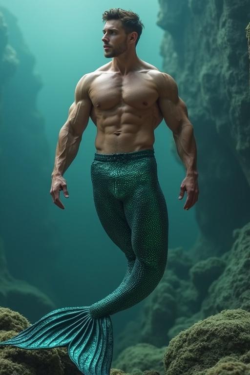 Handsome muscular man with a mermaid tail in an underwater setting. Strong physique is highlighted. Background includes underwater rocks and plants. Soft light creates a mystical atmosphere.