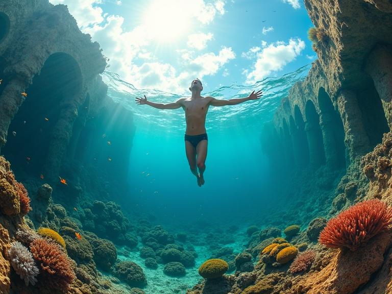 Supermodel in mid-air underwater. Atlantis ruins in background. Multicolored fish surrounding coral. Bright sunlight filtering through water. Birds and clouds above.