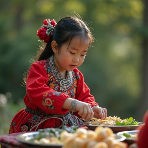 A young Hmong girl prepares pho outdoors. She wears embroidered traditional clothing and silver jewelry. The scene captures a picnic atmosphere with natural details.
