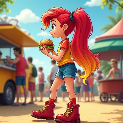 Character at a summer music festival purchases a burger from a food truck. Character features vibrant red and yellow hair. Outfit includes a colorful shirt, shorts, socks, boots. Festival atmosphere with lots of people in background.