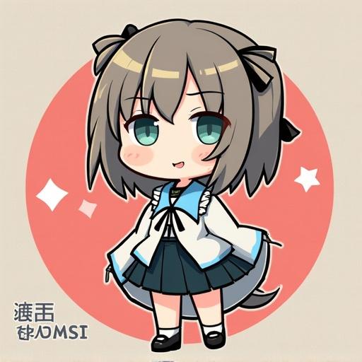 Young anime character with short hair wearing a skirt. Character has a lively expression and is illustrated in a chibi style. Background is simple with a circular element.